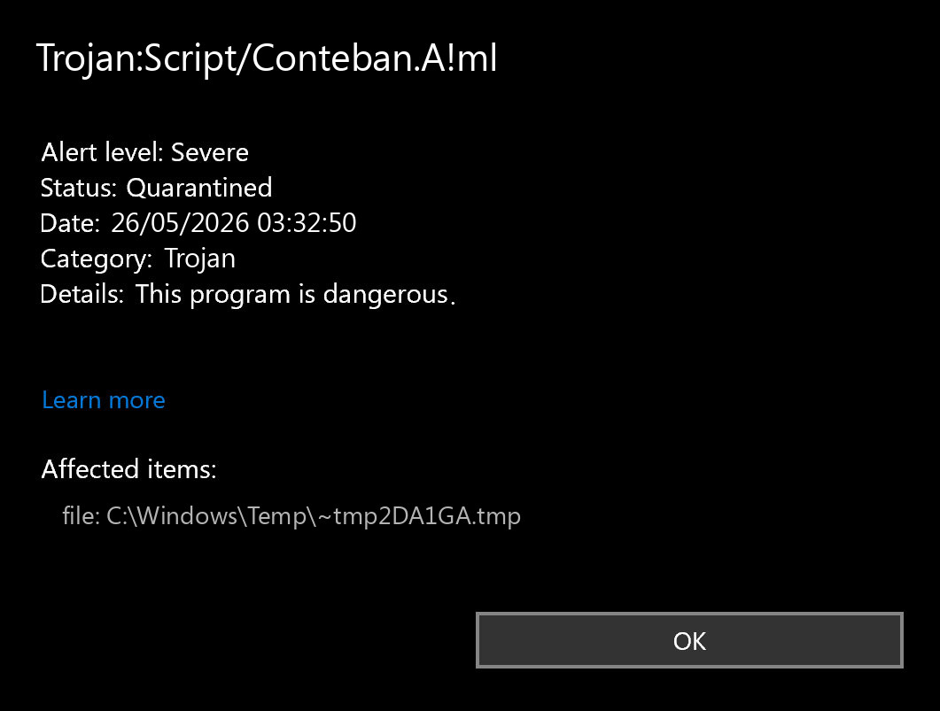Microsoft Defender alert for Trojan:Script/Conteban.A!ml showing the item quarantined.