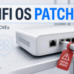 UniFi OS patch poster with a network gateway, warning tag, and critical CVE shield