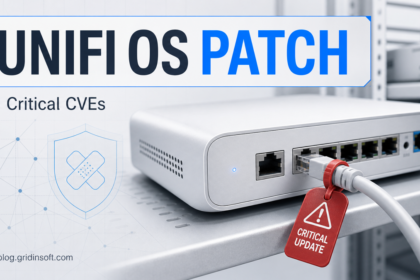 UniFi OS patch poster with a network gateway, warning tag, and critical CVE shield