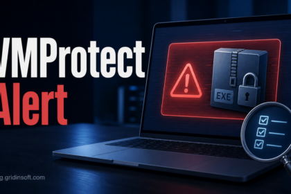 VMProtect alert poster showing a locked executable and false-positive checklist.