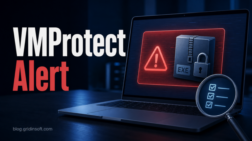 VMProtect alert poster showing a locked executable and false-positive checklist.