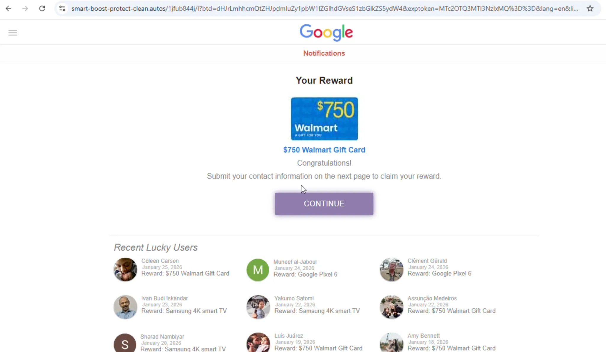 Reward page claiming a 750 dollar Walmart gift card and asking the user to continue