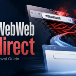 WebWebWeb.com redirect shown as a browser search trap with red redirect arrows.