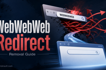 WebWebWeb.com redirect shown as a browser search trap with red redirect arrows.