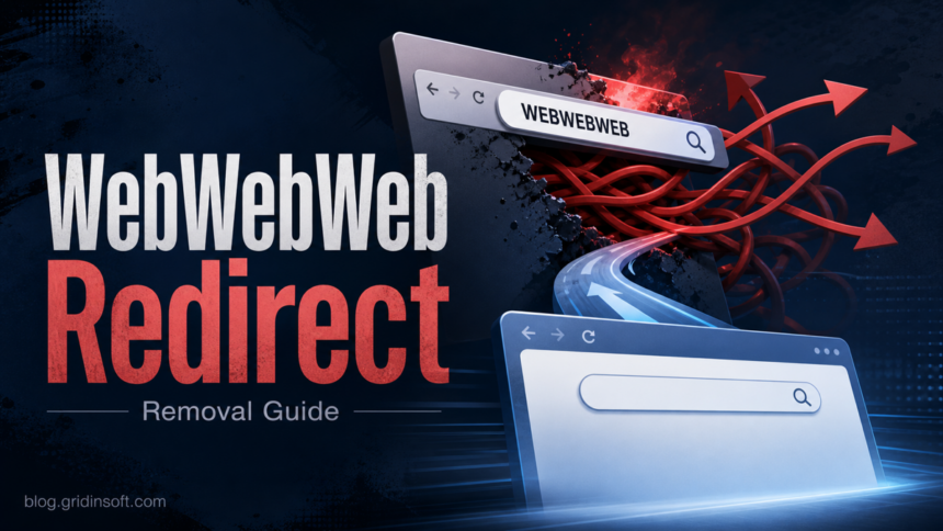 WebWebWeb.com redirect shown as a browser search trap with red redirect arrows.