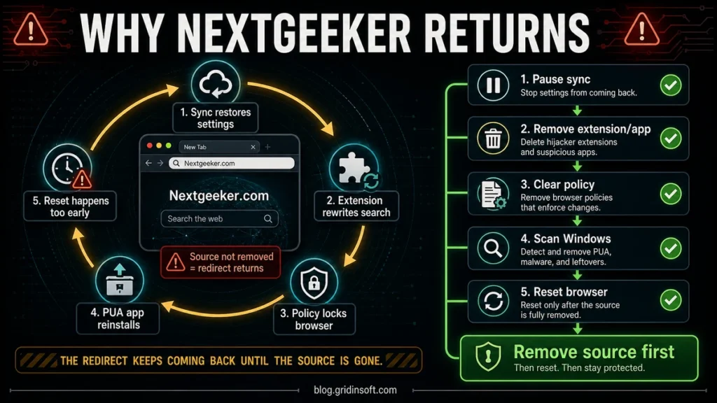 Diagram showing sync, extensions, browser policies, and PUA apps restoring the Nextgeeker.com redirect before reset.
