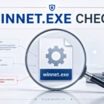 Winnet.exe suspicious file check shown as an executable under a magnifying glass.