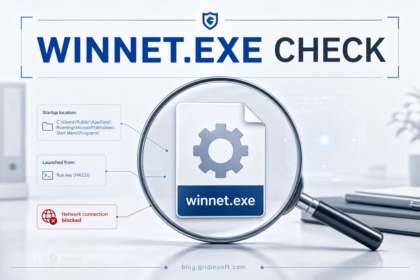 Winnet.exe suspicious file check shown as an executable under a magnifying glass.