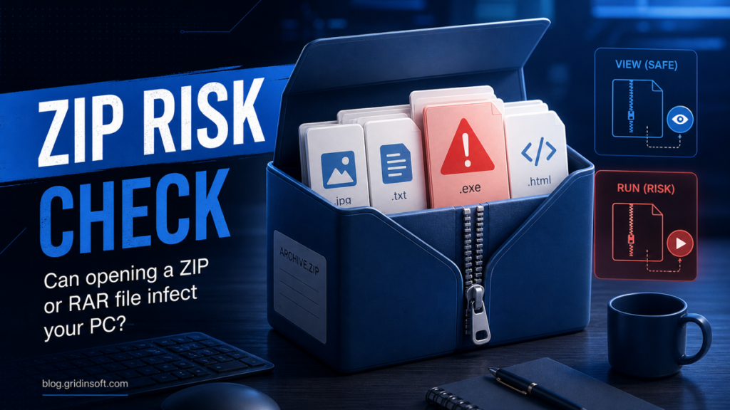 ZIP and RAR archive safety check illustration showing viewing files versus running a risky executable.