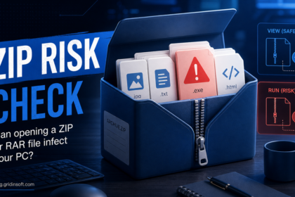 RAR and ZIP archive safety check showing viewing files versus running a risky executable