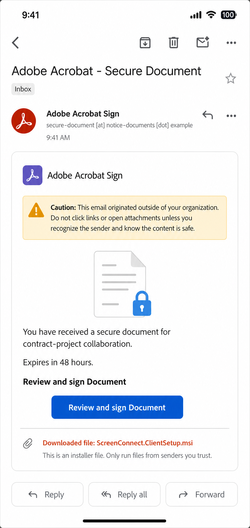 Mobile email mockup showing the fake Acrobat Sign request and ScreenConnect ClientSetup MSI warning