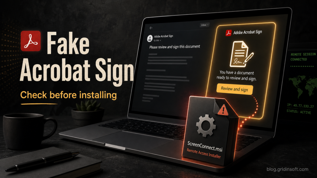 Fake Adobe Acrobat Sign request leading to a ScreenConnect installer warning