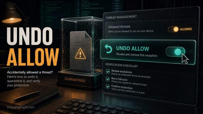 Undo Allow in Microsoft Defender with a quarantined suspicious file and verification checklist.