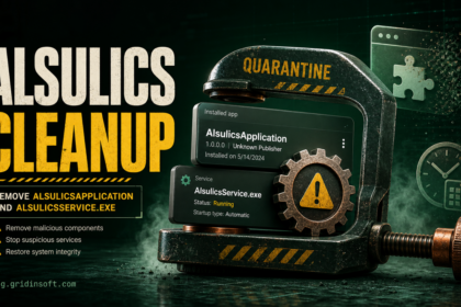 AlsulicsApplication cleanup poster showing a suspicious Windows service and browser extension caught for removal.