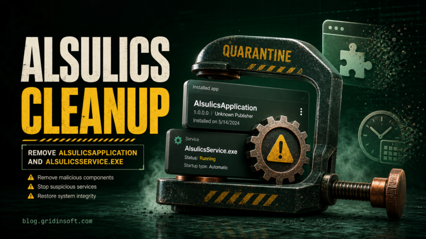 AlsulicsApplication cleanup poster showing a suspicious Windows service and browser extension caught for removal.