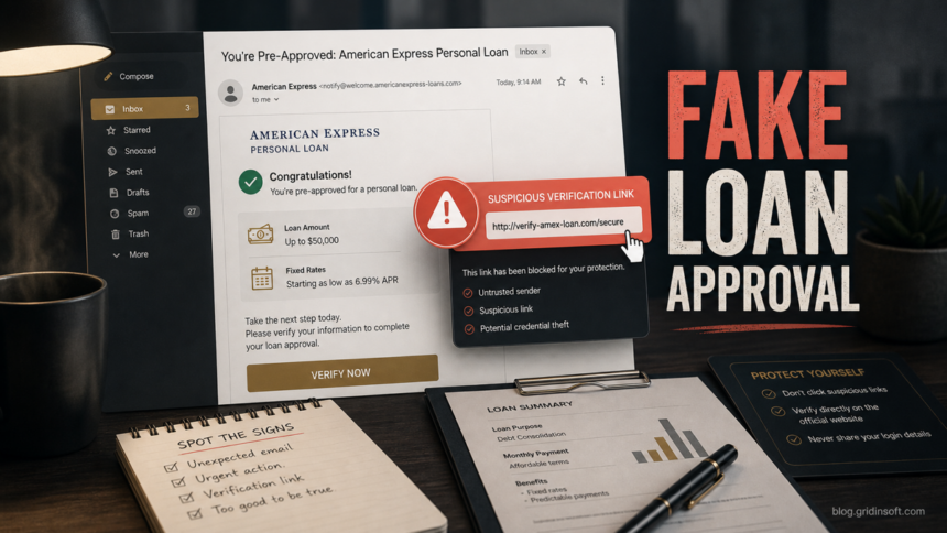 Fake loan approval email with a suspicious verification link warning