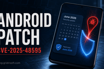 Android security patch blocking CVE-2025-48595 exploitation risk on a phone update screen.