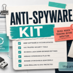 Editorial anti-spyware kit poster with checklist, browser extension, update, email, and USB safety symbols.
