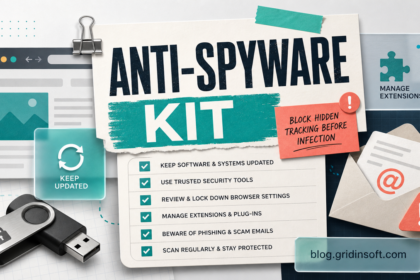 Editorial anti-spyware kit poster with checklist, browser extension, update, email, and USB safety symbols.
