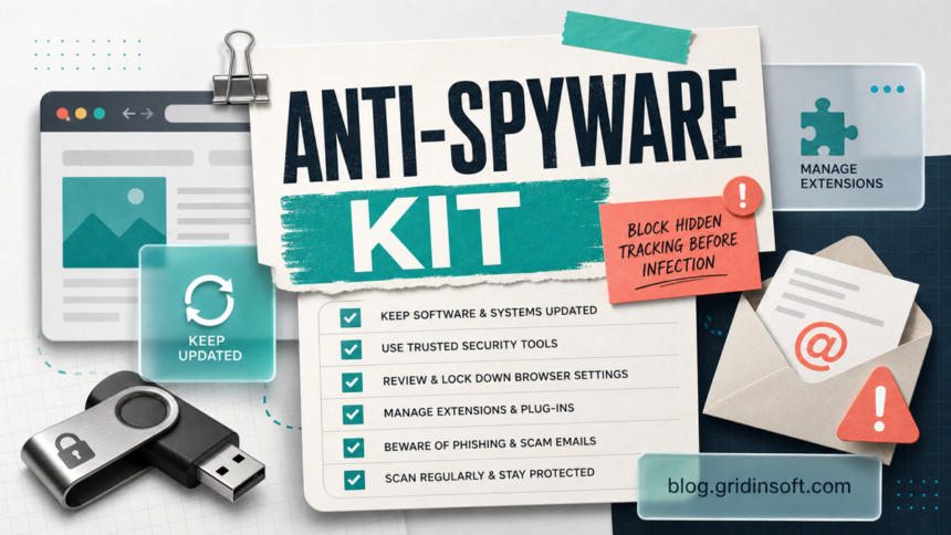 Editorial anti-spyware kit poster with checklist, browser extension, update, email, and USB safety symbols.