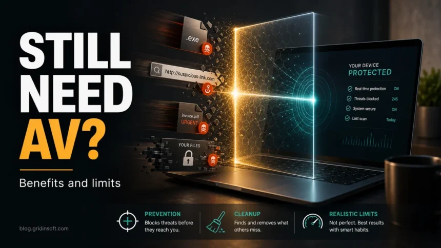 Antivirus protection stopping suspicious files and links before they reach a Windows laptop