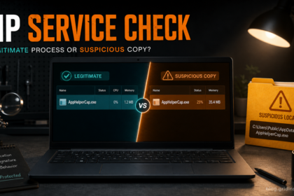 AppHelperCap.exe service check showing a normal HP process compared with a suspicious copy.