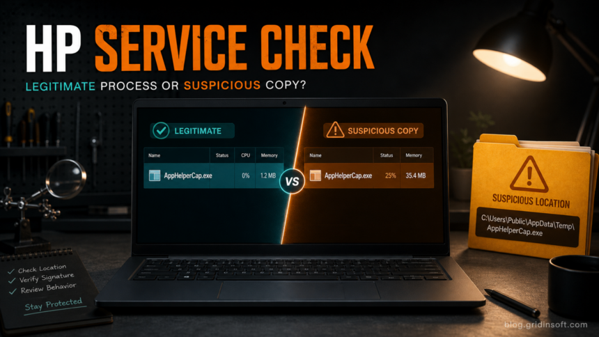 AppHelperCap.exe Safety Check 1 AppHelperCap.exe service check showing a normal HP process compared with a suspicious copy.