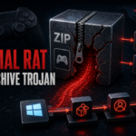 Editorial image showing a cracked ZIP game archive dropping Argamal RAT files and Windows persistence.