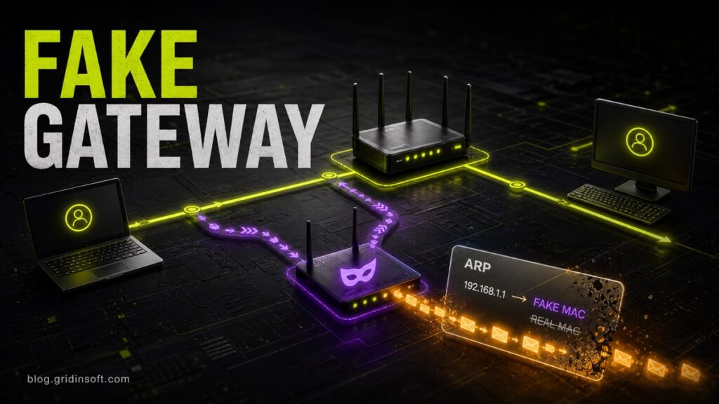 Fake gateway rerouting local network traffic during an ARP spoofing attack.