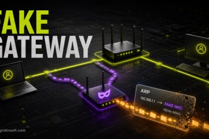 Fake gateway rerouting local network traffic during an ARP spoofing attack.