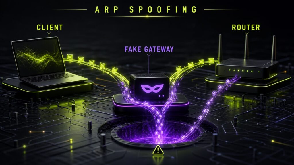 Cinematic diagram showing client traffic rerouted through a fake gateway during ARP spoofing.