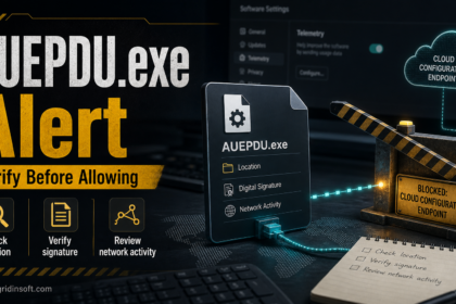 AUEPDU.exe alert poster showing a blocked cloud configuration request and verification checklist.