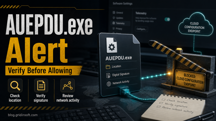 AUEPDU.exe alert poster showing a blocked cloud configuration request and verification checklist.