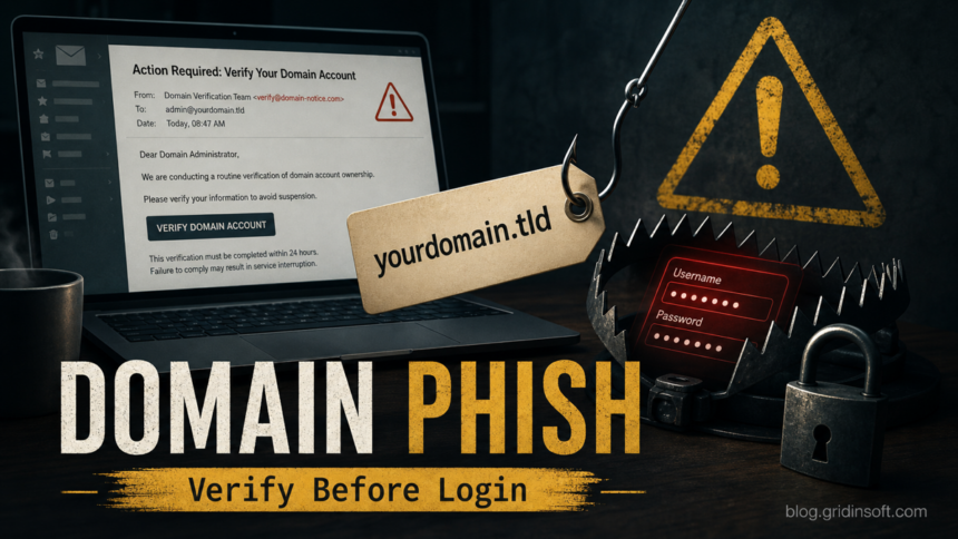 Fake domain account verification email pulling a domain owner toward a password trap.