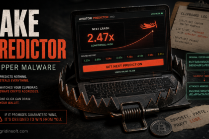 Fake predictor app caught in a trap while a copied crypto wallet address is replaced.