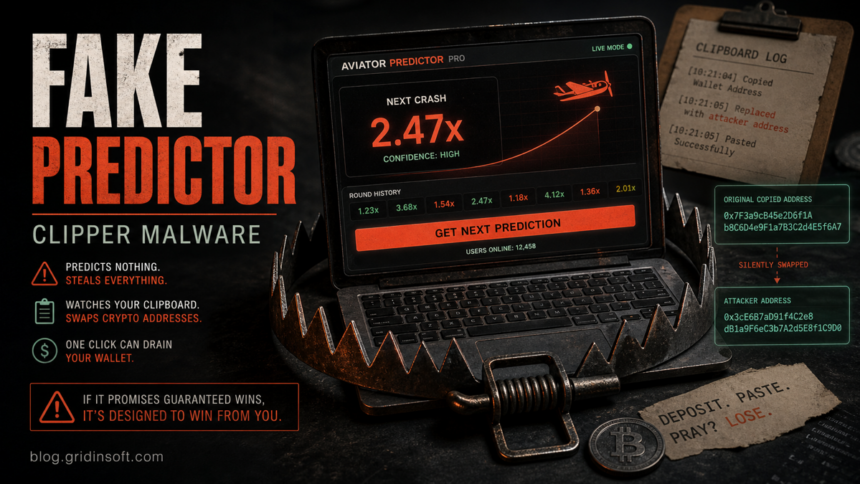Fake predictor app caught in a trap while a copied crypto wallet address is replaced.