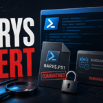 Barys Alert poster showing a quarantined PowerShell script and removed scheduled task.