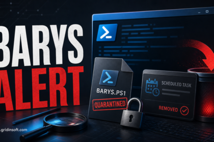 Barys Alert poster showing a quarantined PowerShell script and removed scheduled task.