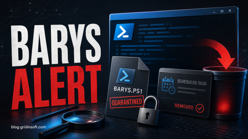 Barys Alert poster showing a quarantined PowerShell script and removed scheduled task.