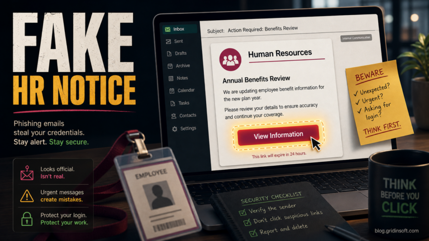 Fake HR benefits notice phishing email with a View Information button