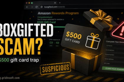 BoxGifted.com scam warning with a fake $500 gift card reward trap.