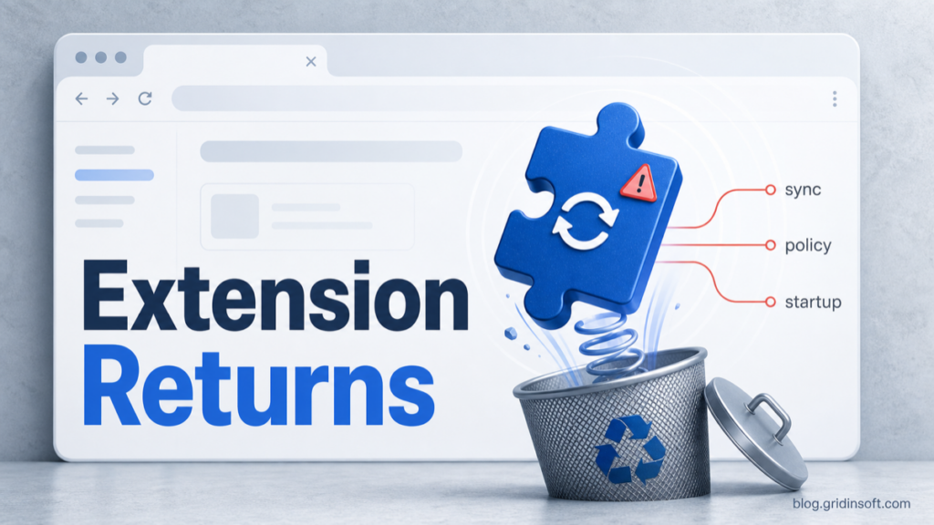 Browser extension returns after removal because sync, policy, or startup persistence restores it.