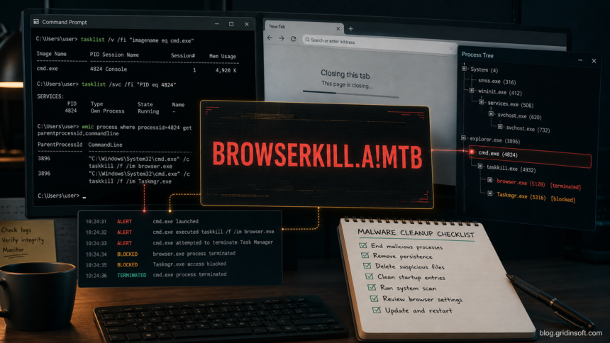 Behavior:Win32/BrowserKill.A!MTB cleanup poster with cmd.exe and process tree