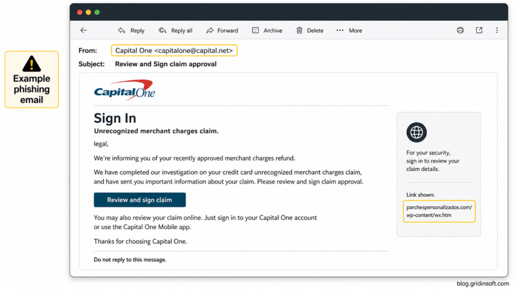 Opened fake Capital One claim approval email showing a non-official sender and review link.