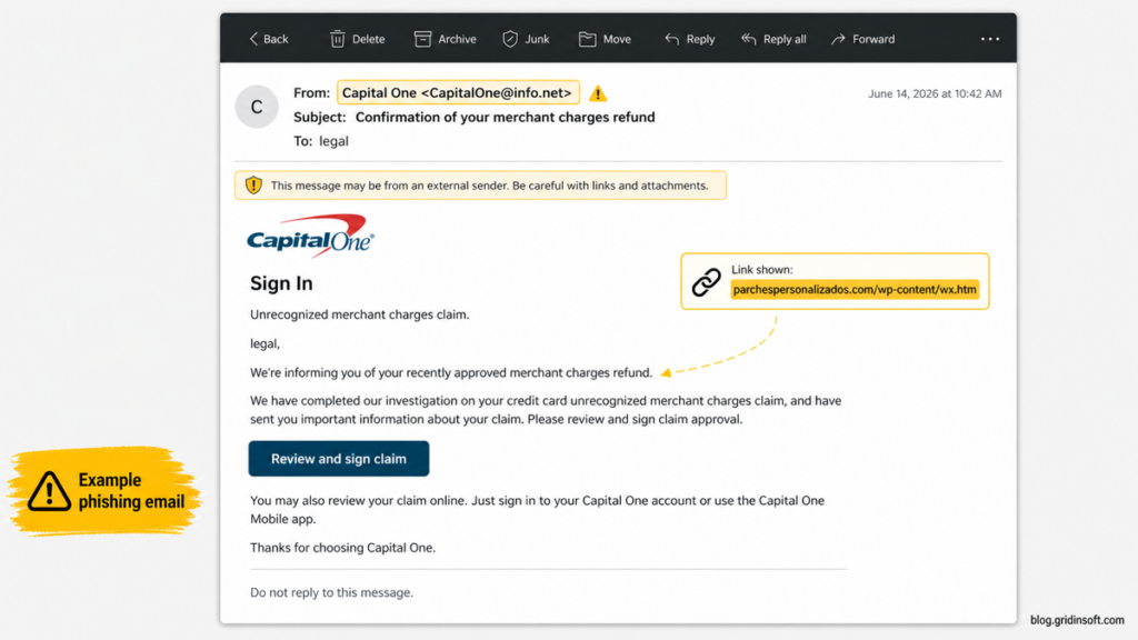 Opened fake Capital One merchant charges refund email showing a non-official sender and review link.
