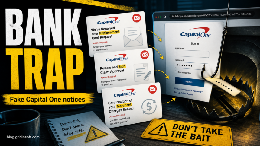 Capital One phishing emails leading to a fake bank login trap.