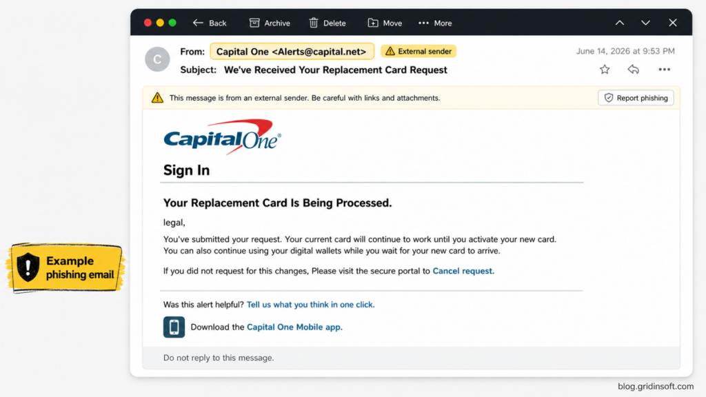 Opened fake Capital One replacement card request email showing an external sender and cancellation lure.