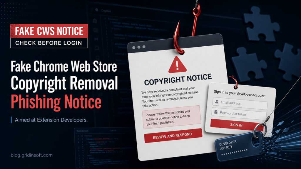 Fake Chrome Web Store copyright removal notice used to steal developer account credentials.