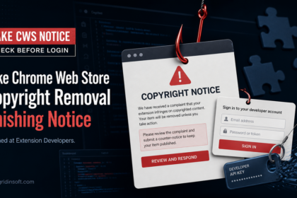Fake Chrome Web Store copyright removal phishing notice targeting extension developers.