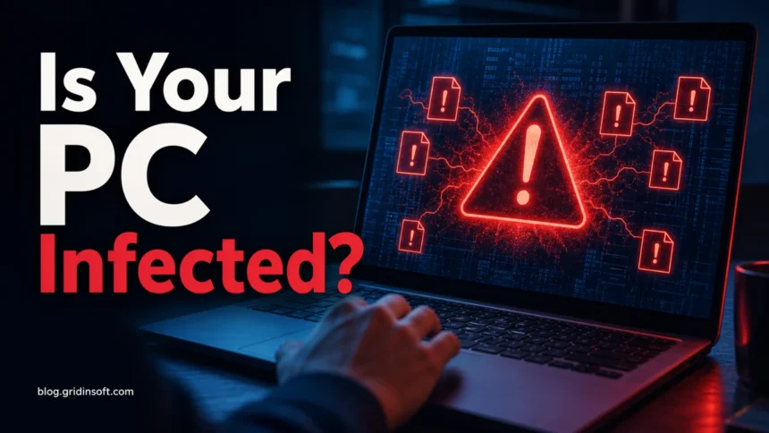 Computer virus warning signs on an infected Windows PC.